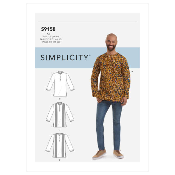 Pattern package "Simplicity S9158" for men's tunic-style tops. The cover image shows a man wearing a long-sleeve, round-neck, floral-print tunic with blue jeans and sneakers. Illustrations of four tunic variations (A, B, C, and D) are displayed on the left.