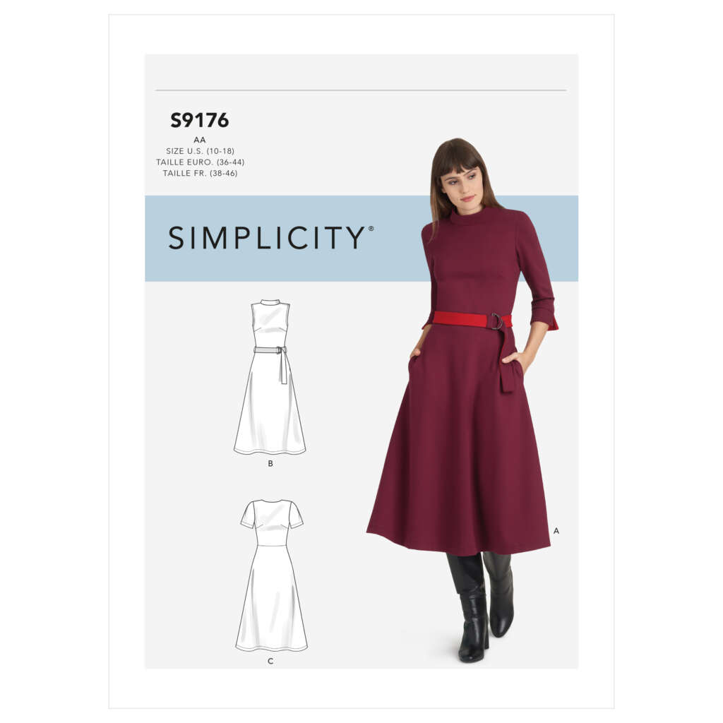 Pattern cover for Simplicity S9176, featuring a woman in a long-sleeved, belted A-line dress with pockets. The dress is maroon, and she pairs it with black knee-high boots. The cover shows sketches of the dress in different sleeve and neckline variations.