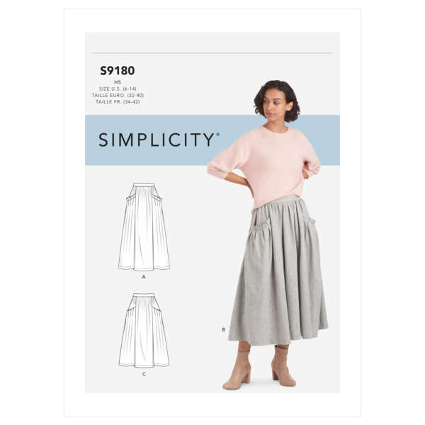 Pattern cover for Simplicity S9180 featuring a woman in a pink top and gray pleated skirt with pockets. The cover displays illustrations of two skirt designs, labeled A and B. Text includes size information in three sizes: US, UK, and European.