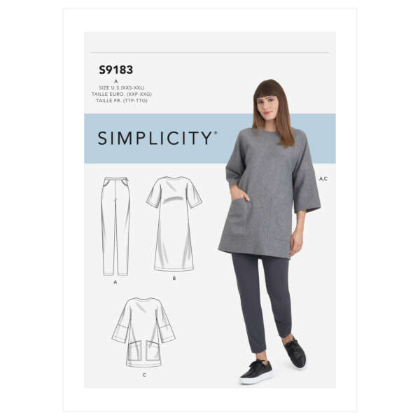 Sewing pattern envelope for Simplicity S9183 featuring a woman wearing a long, loose-fitting tunic with pockets and black pants. The envelope also displays drawings of different style variations for the tunic and pants in sizes A (S-XXL).