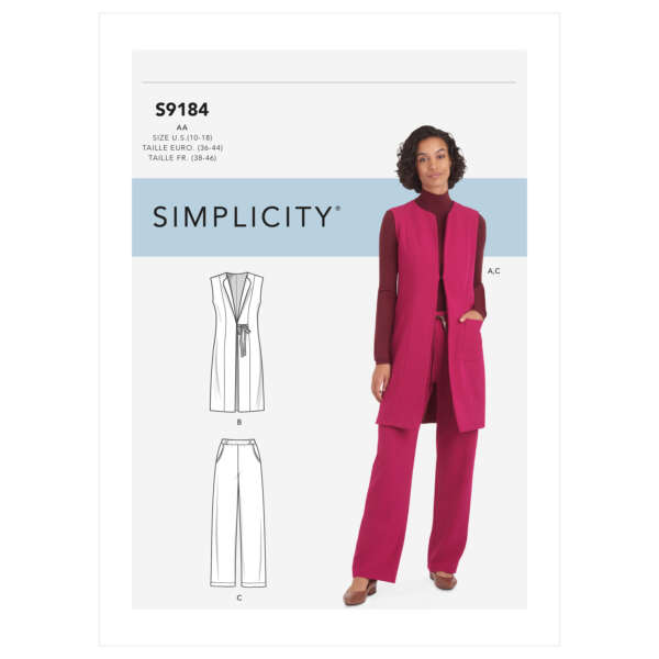 Pattern cover for Simplicity S9184 showing a woman in a sleeveless, long pink vest over a burgundy top and matching pink wide-leg pants. Line drawings of the sewing patterns include variations of the vest and pants. Sewing sizes include AA (10-18) and R (18-24).