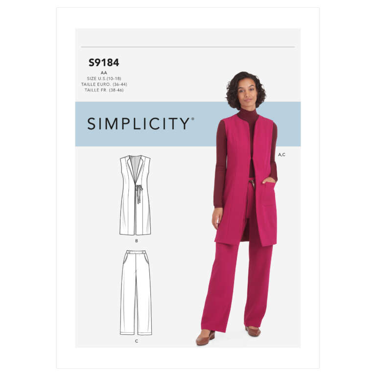 Pattern cover for Simplicity S9184 showing a woman in a sleeveless, long pink vest over a burgundy top and matching pink wide-leg pants. Line drawings of the sewing patterns include variations of the vest and pants. Sewing sizes include AA (10-18) and R (18-24).