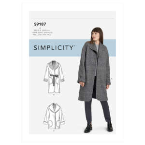 Simplicity sewing pattern S9187 for a coat with three variations. The cover shows a model wearing a gray coat, and three illustrated variations, including a belted version with a hood and pockets. Text includes size range (XXS-XXL) in multiple languages.