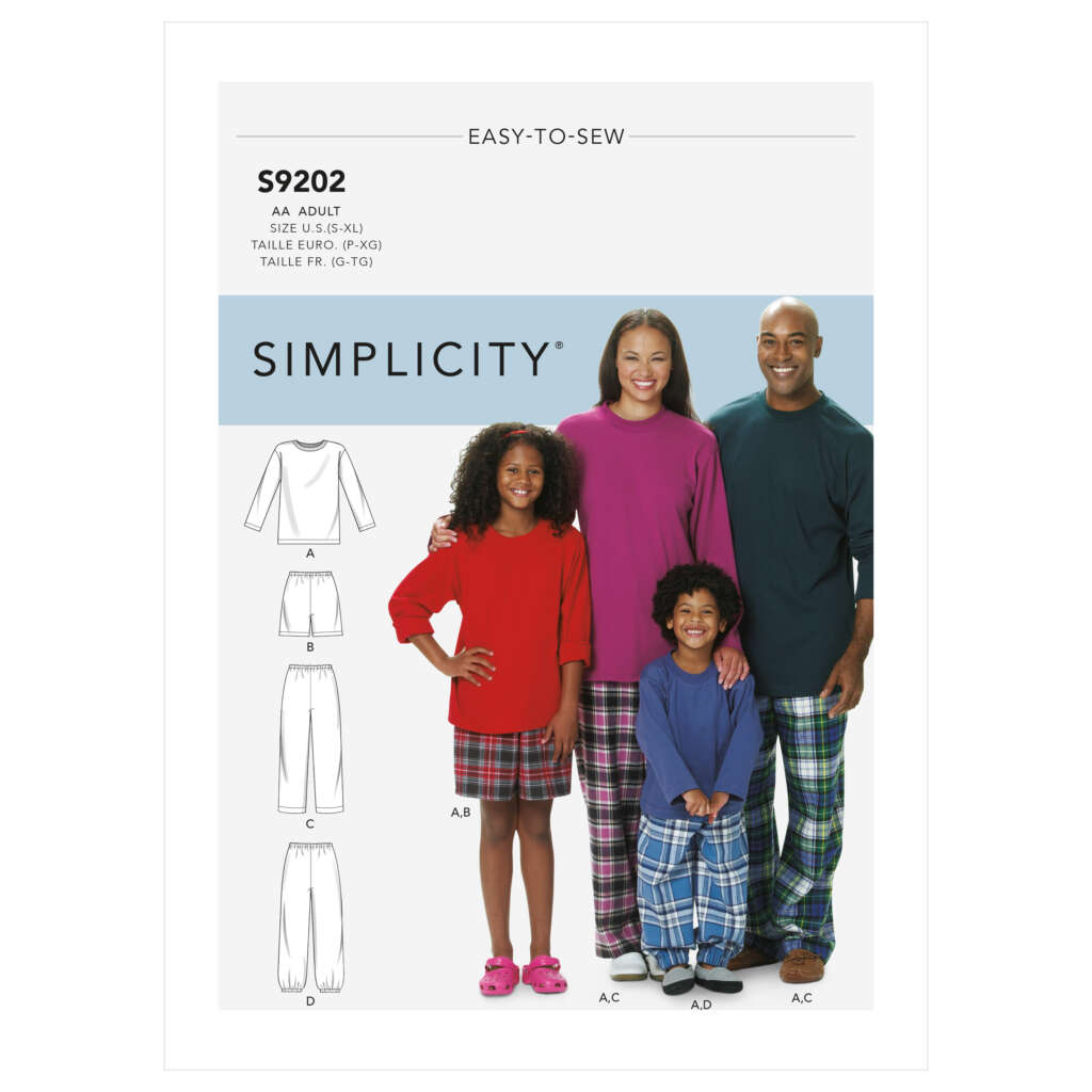 A sewing pattern cover by Simplicity for sleepwear, pattern number S9202. It features an adult and two children modeling long-sleeve tops and plaid pajama pants. The pattern includes designs for both tops and pants in various styles and sizes. Text reads "EASY-TO-SEW.