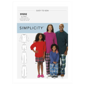 A sewing pattern cover by Simplicity for sleepwear, pattern number S9202. It features an adult and two children modeling long-sleeve tops and plaid pajama pants. The pattern includes designs for both tops and pants in various styles and sizes. Text reads "EASY-TO-SEW.