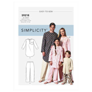 A sewing pattern cover titled "Simplicity S9218" shows a family of four wearing matching tunics and trousers/pajamas. The adult male wears a long, collared tunic and trousers, the adult female and girl wear tunics and pants, and the boy wears a similar set.