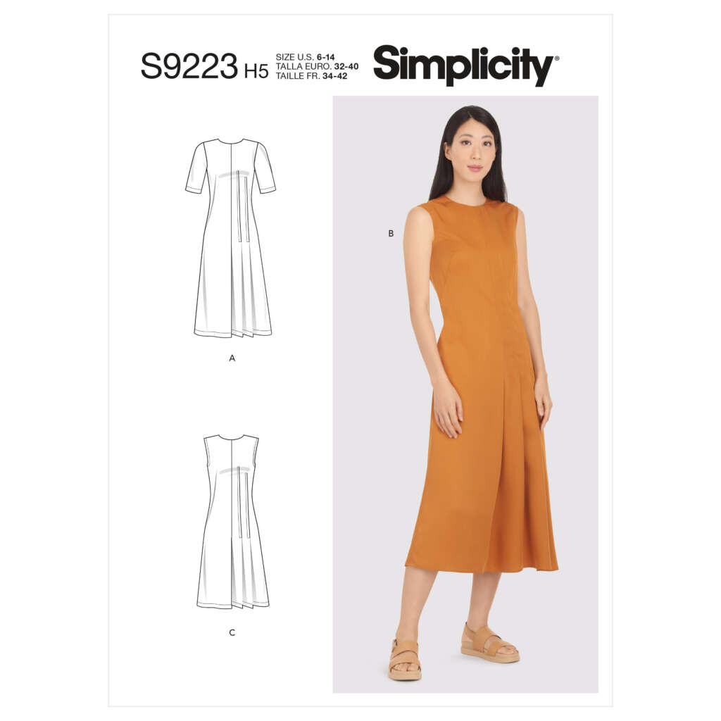 Pattern cover for Simplicity S9223, featuring a model wearing a sleeveless, knee-length orange dress with an asymmetrical hem. Two black-and-white sketches show variations of the dress with short sleeves and different necklines. Sizes 6-14 (US), 32-40 (EU).