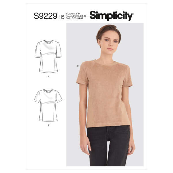 A sewing pattern cover from Simplicity featuring pattern S9229 H5. It includes a photo of a model wearing a short-sleeved, crew-neck top in beige, and two line drawings of the top showing front views of variations A and B. Sizes US 6-14, EUR 32-40, FR 34-42.