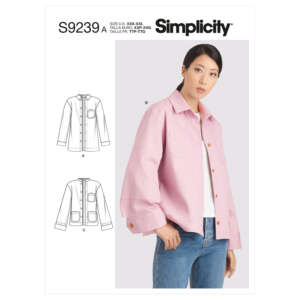 Simplicity pattern S9239A for a women's shirt jacket. The cover image shows a woman wearing a light pink button-up jacket with front pockets. Diagrams on the left illustrate three variations of the jacket (A, B, and C) each featuring different pocket and length options.