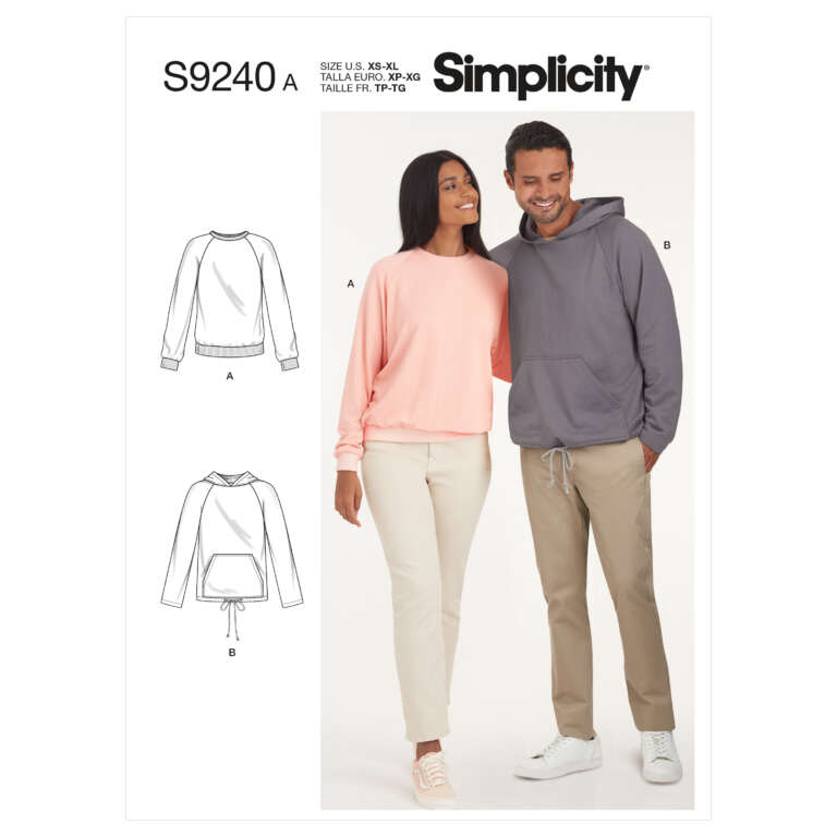 A sewing pattern cover showcases two models wearing casual tops. The woman wears a light pink, long-sleeved top, and white pants. The man wears a gray hooded top and beige pants. The Simplicity pattern S9240 includes designs for a hoodie and a crewneck top.