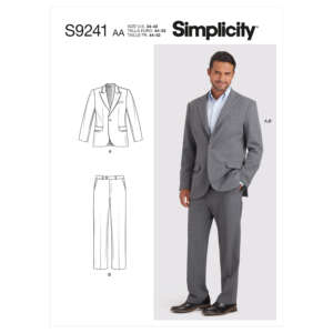 Simplicity sewing pattern S9241 for a men’s suit in size AA (US 34-42, EUR 44-52). The pattern includes a design for a two-button blazer with pockets (A) and tailored trousers (B). The cover shows a man wearing the finished suit in gray.