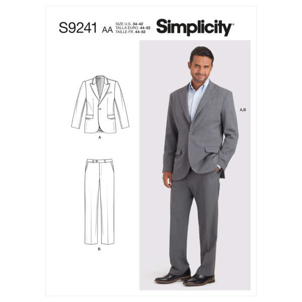 Simplicity sewing pattern S9241 for a men’s suit in size AA (US 34-42, EUR 44-52). The pattern includes a design for a two-button blazer with pockets (A) and tailored trousers (B). The cover shows a man wearing the finished suit in gray.