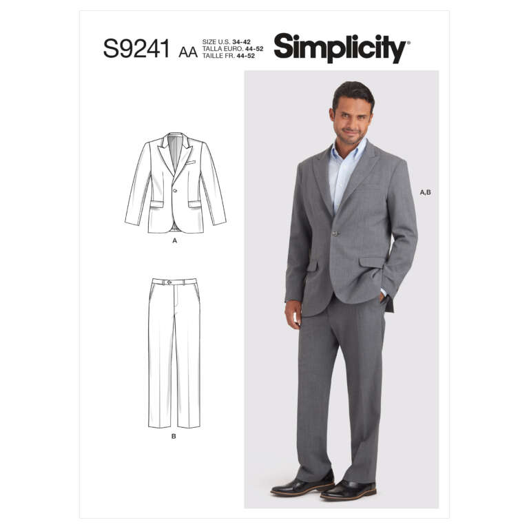 Simplicity sewing pattern S9241 for a men’s suit in size AA (US 34-42, EUR 44-52). The pattern includes a design for a two-button blazer with pockets (A) and tailored trousers (B). The cover shows a man wearing the finished suit in gray.