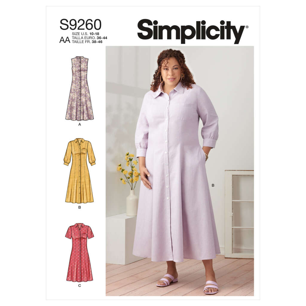 Pattern cover for Simplicity S9260. It features a model wearing a long, collared button-down dress with three-quarter sleeves in light purple. There are illustrations of three other dress designs: sleeveless (A), short-sleeved (B), and with a belt (C). Sizes range from 10-18.