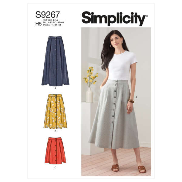 A Simplicity pattern package for pattern number S9267. It shows a model wearing a button-down, mid-length skirt. The package includes illustrations of three design variations: A long skirt, a knee-length skirt in yellow with floral print, and a red knee-length skirt.