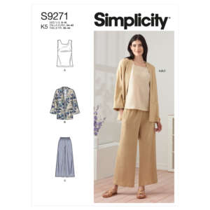 Pattern envelope for Simplicity S9271 displaying a model wearing a neutral-colored set: loose pants, a tank top, and a jacket. The envelope also shows sketches of each piece: a tank top (A), a jacket (B), and pants (C). Garment sizes and details are listed.