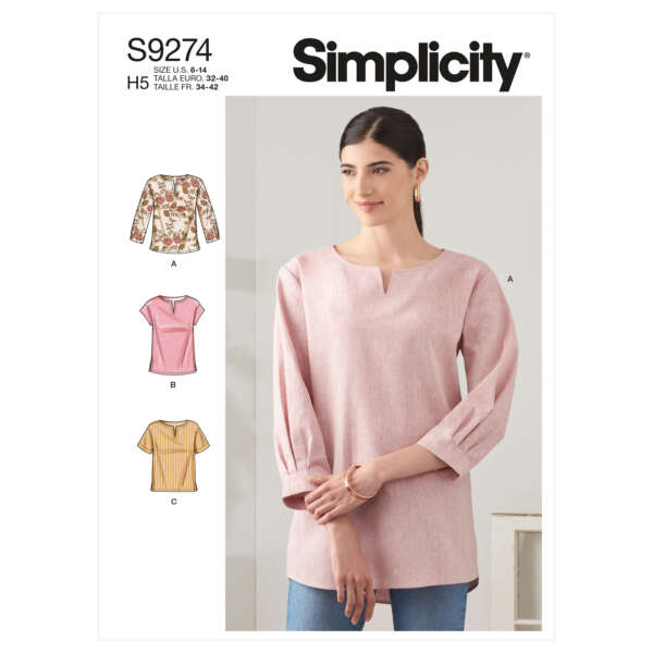 Simplicity sewing pattern S9274 for a women's top, featuring a model in a pink long-sleeve tunic. Includes three variations: A floral long-sleeve, a pink short-sleeve, and a yellow short-sleeve top. Pattern sizes: 6-14, with options for variations in style.