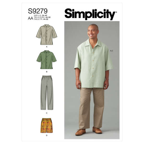 Simplicity pattern S9279 for men's shirts and pants. The image shows a smiling man wearing a light green short-sleeve shirt and beige pants. Additional drawings display different shirt styles (A, B, and C) and pants (D). Sizes range from AA (44 to 52).