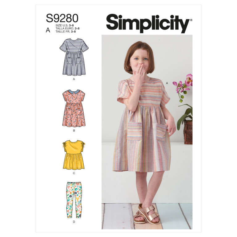 A Simplicity sewing pattern (S9280) for girls' dresses and pants, sizes 3-8. The cover features a young girl wearing a striped dress with pockets. The pattern shows four dress variations (sleeveless, cap sleeves, gathered skirt) and one pair of floral pants.