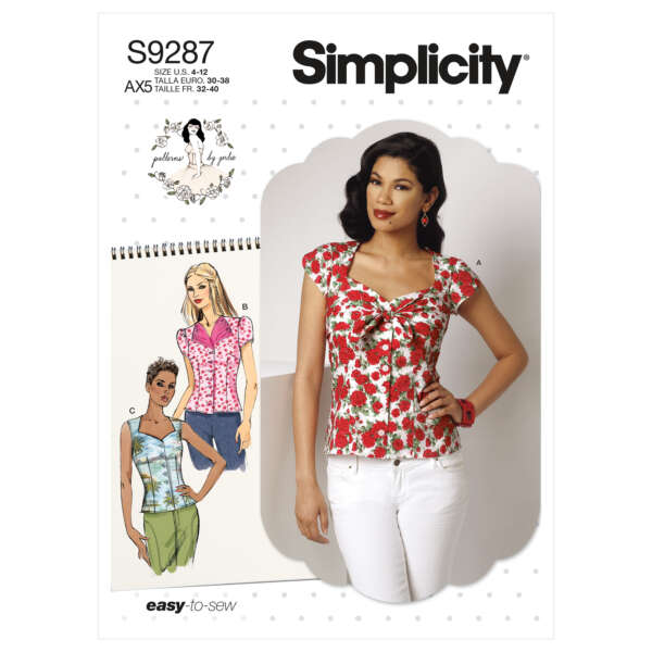 Simplicity sewing pattern S9287 for women's tops, sizes 10-18. The cover shows a model in a floral top and two illustrated variations: one in a floral print with cap sleeves and one in a solid color with shoulder straps. Text reads "easy-to-sew.