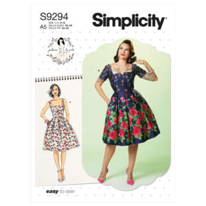 Pattern envelope for Simplicity S9294 with a retro-style dress featuring two variations. The model is wearing a navy dress with large pink roses, front bodice buttons, and a pleated skirt. An illustration shows a similar dress with spaghetti straps and a flared skirt.