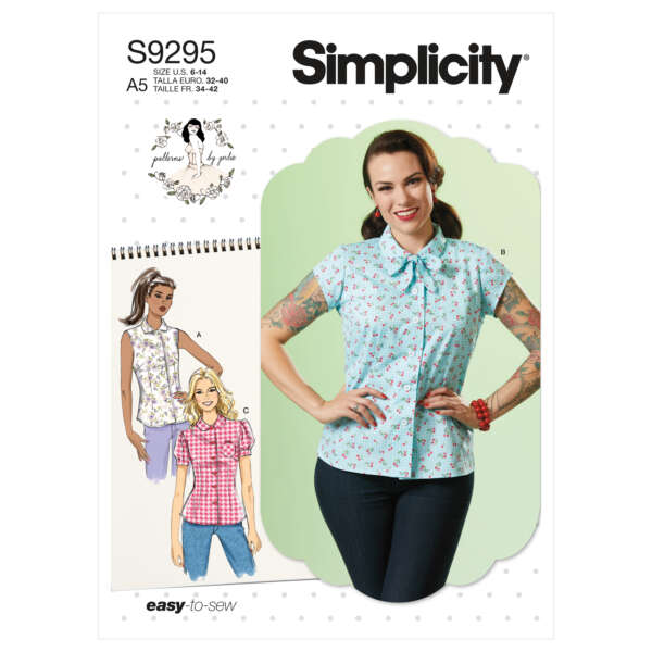 A Simplicity sewing pattern cover (S9295) featuring designs for women's tie-front blouses. The large central image shows a woman wearing a light blue blouse with a floral pattern. Smaller illustrations show additional blouse variations in different colors.