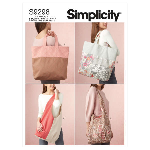 A sewing pattern cover by Simplicity (S9298) featuring four tote bag designs. The designs include: a pink and tan quilted tote, a multicolored floral tote, a pink and coral color-blocked tote, and a beige and pink lacy tote. Each tote is modeled by a person.