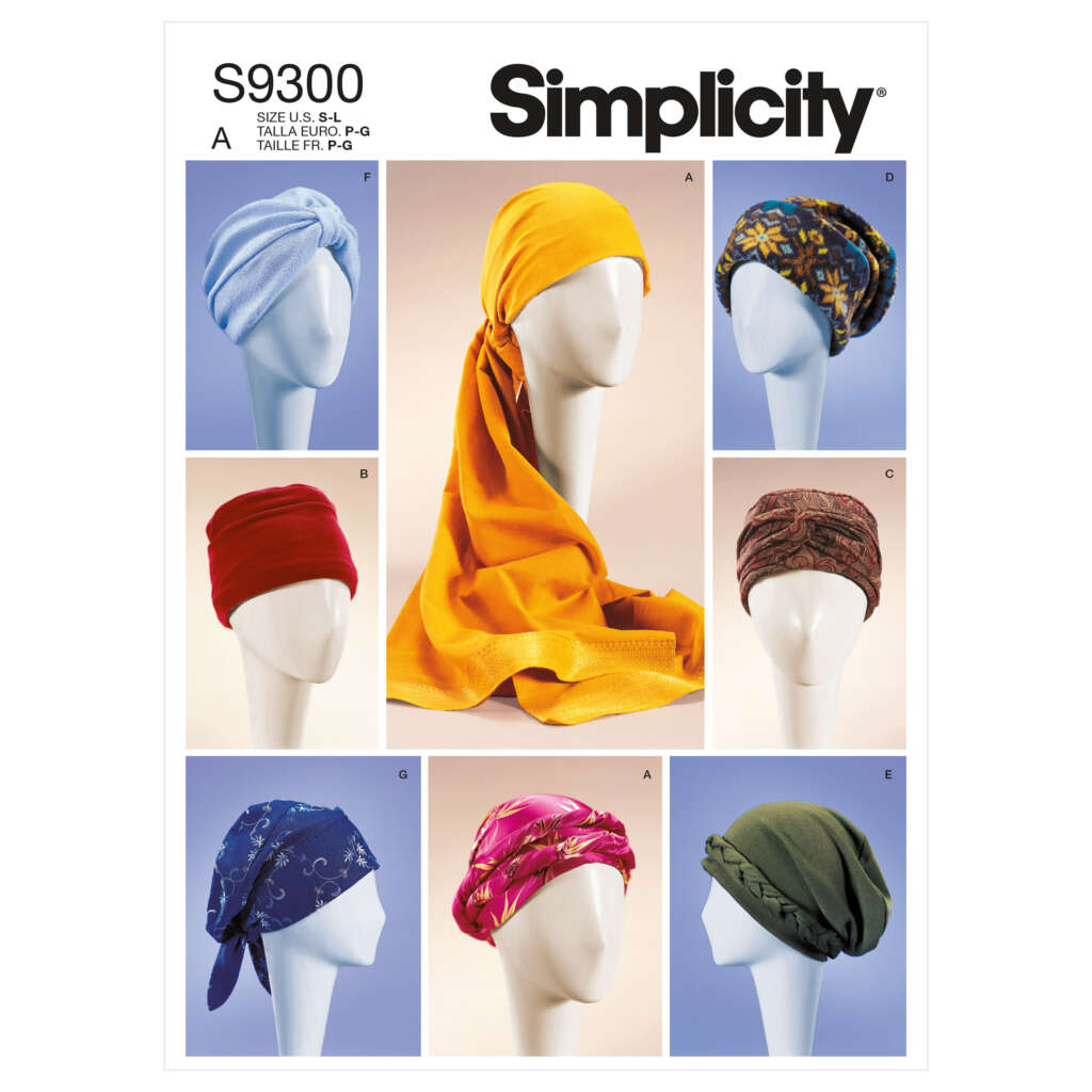 A sewing pattern cover labeled "Simplicity S9300" showcases seven different headwrap styles on mannequins. The designs include various fabric types and colors, with styles ranging from turbans to headscarves, demonstrating multiple ways to wrap and wear head coverings.