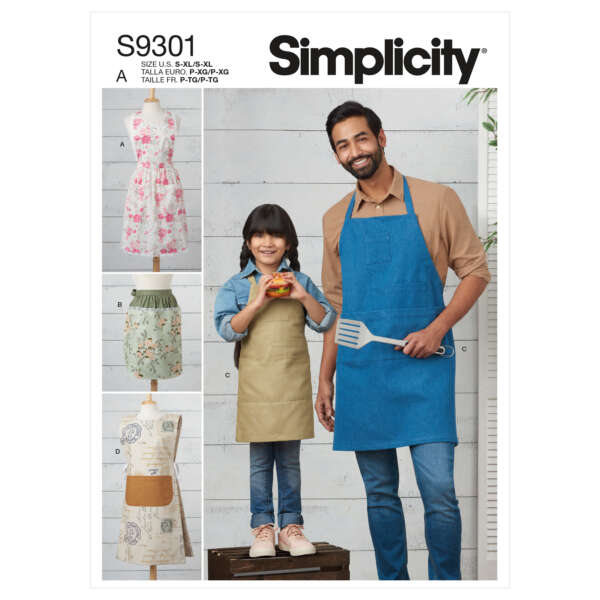 Cover of Simplicity sewing pattern S9301 featuring three aprons: a floral bib apron, a wraparound apron with a utensil pocket, and a matching set worn by an adult and a child, both smiling while holding kitchen utensils.