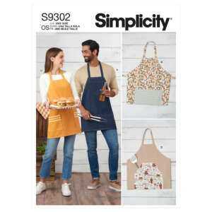 Cover of Simplicity sewing pattern S9302 featuring two models wearing aprons. The left model in a yellow apron holds a tray of burgers, while the right model in a blue apron holds a spatula. Three additional apron designs are displayed on the right.