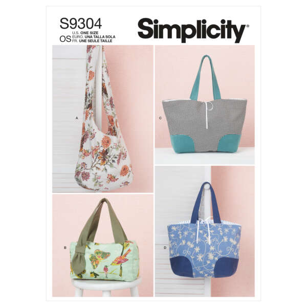 A sewing pattern cover featuring four different tote bags. Bag A is floral, Bag B is gray with teal accents, Bag C is light green with a bird design, and Bag D is blue with a floral pattern. The brand name "Simplicity" and pattern number "S9304" are displayed at the top.