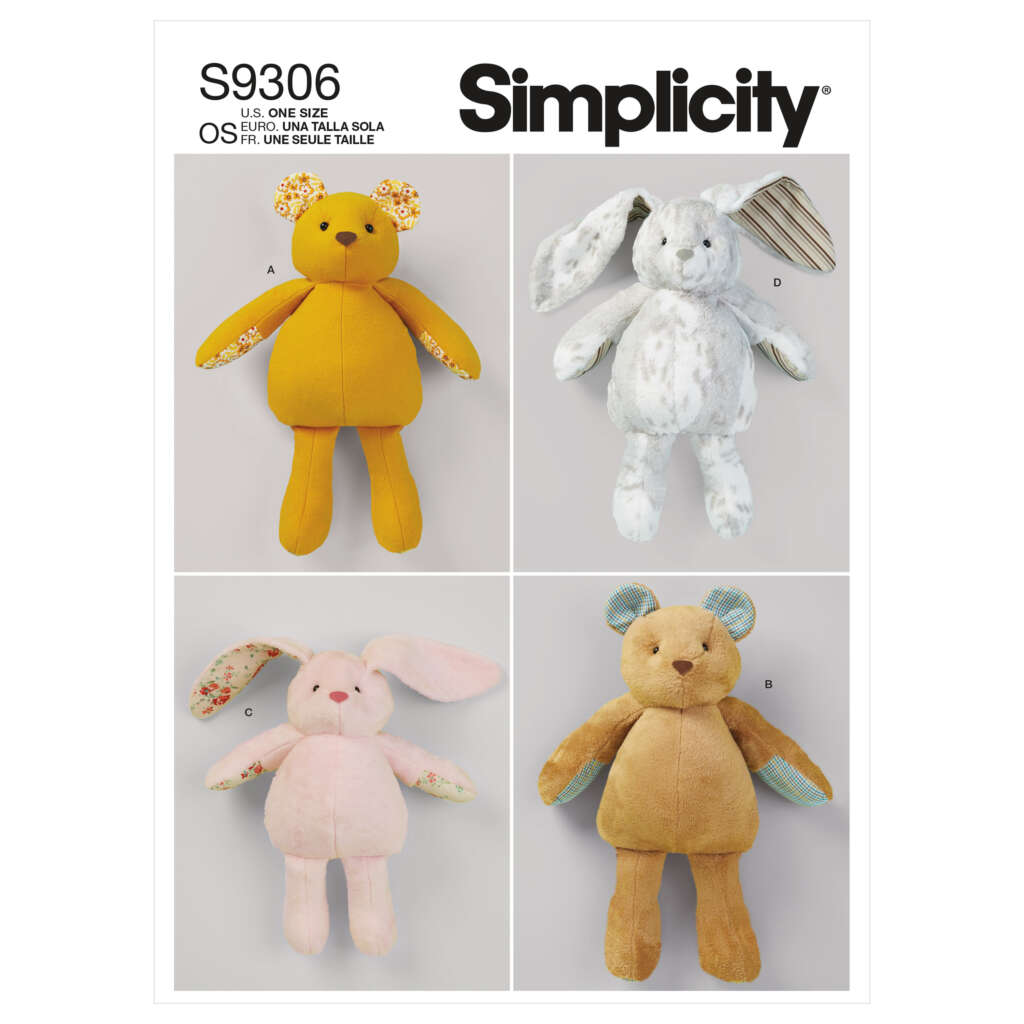 A Simplicity pattern cover showing four plush animal toys: a yellow bear (A), a white and gray bunny (D), a light pink bunny (C), and a brown bear (B). Each toy has distinct fabric patterns on the ears and inner limbs. Pattern number S9306 is displayed at the top.
