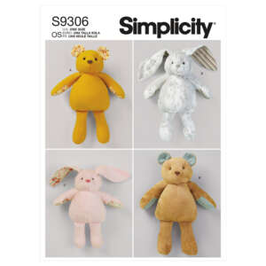 A Simplicity pattern cover showing four plush animal toys: a yellow bear (A), a white and gray bunny (D), a light pink bunny (C), and a brown bear (B). Each toy has distinct fabric patterns on the ears and inner limbs. Pattern number S9306 is displayed at the top.