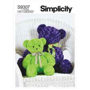 Simplicity sewing pattern S9307 showcases two plush teddy bears seated on a white wicker chair. One bear is green with a pink ribbon, and the other is purple with a green polka dot ribbon.