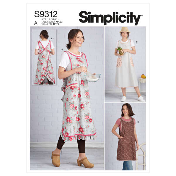 A pattern cover with the title "Simplicity S9312" displays three different apron designs. Model A showcases a floral apron with ruffles, B shows a light-colored apron with contrasting pockets and hem, and C features a darker apron with lace trim at the neckline.