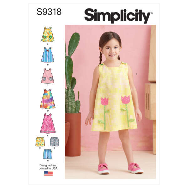 A sewing pattern cover featuring Simplicity S9318. The cover shows a young girl wearing a yellow checkered sleeveless dress with tulip appliqués. To the left are illustrations of six different dress designs, labeled A to F. A cactus and wooden crate are in the background.