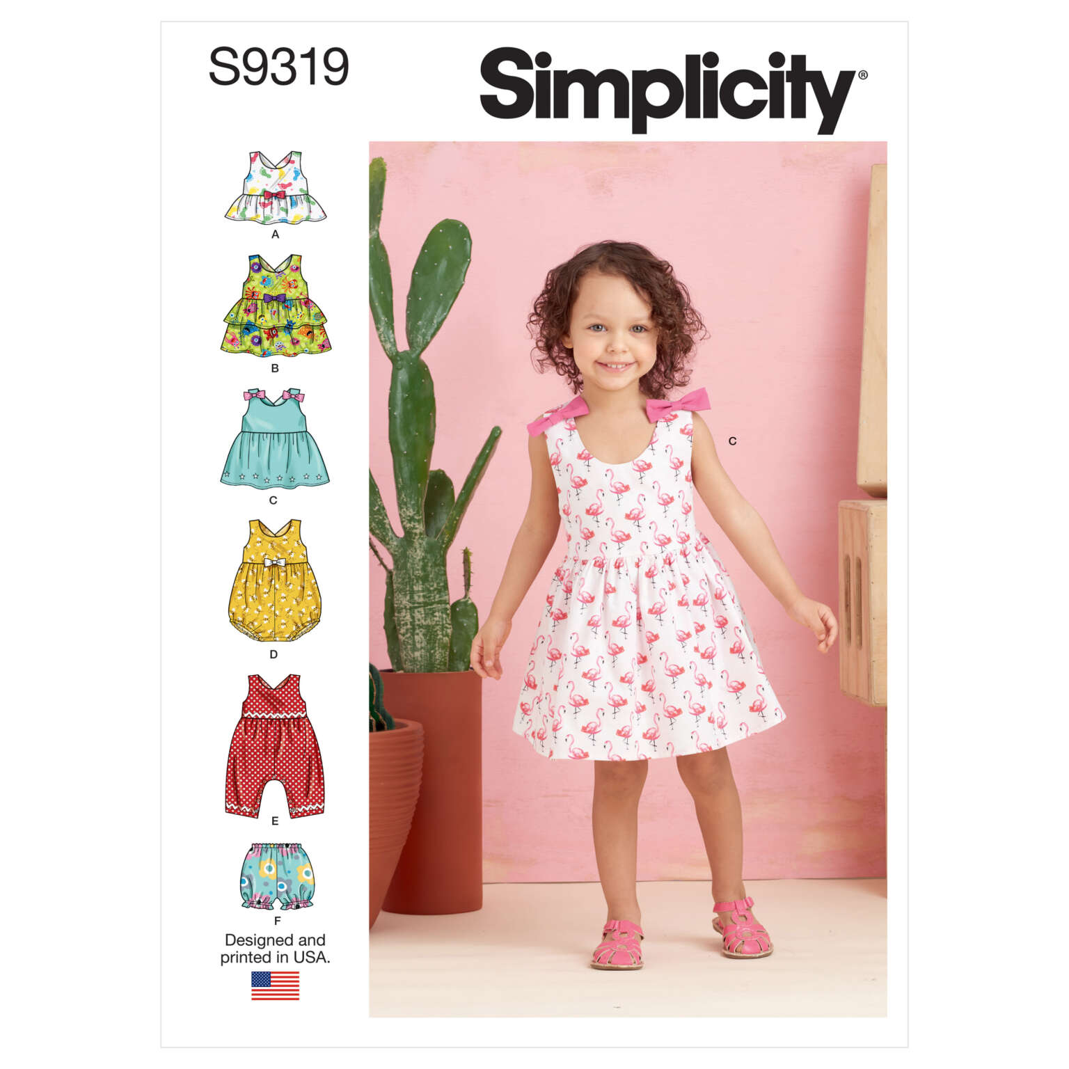 Simplicity pattern S9319 features a young girl in a white dress with pink floral prints and shoulder bows. The package shows the girl smiling, surrounded by six smaller images of various colorful dress and romper designs, all suitable for young children.