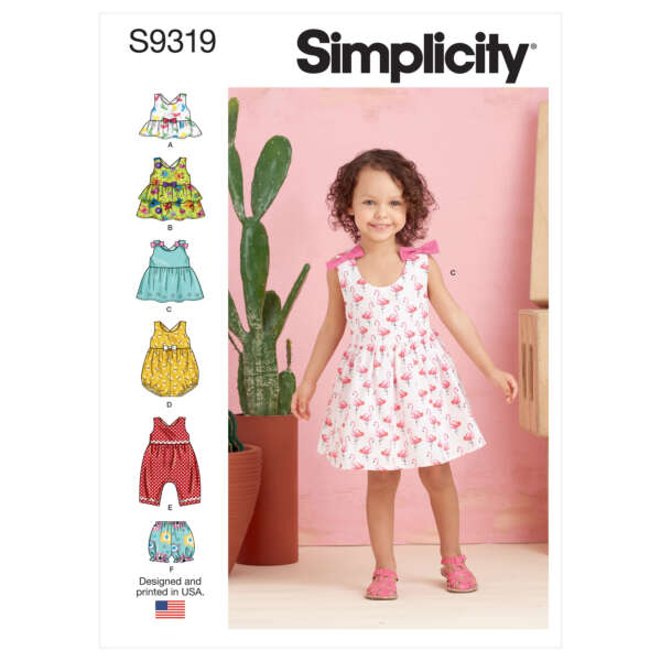 Simplicity pattern S9319 features a young girl in a white dress with pink floral prints and shoulder bows. The package shows the girl smiling, surrounded by six smaller images of various colorful dress and romper designs, all suitable for young children.