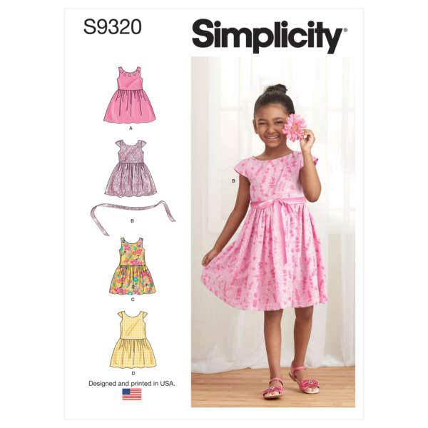 A Simplicity sewing pattern (S9320) for children's dresses. The pattern includes four dress styles with different variations in sleeve length and skirt fullness. The cover shows a young girl wearing a pink floral dress with cap sleeves and a tie belt.