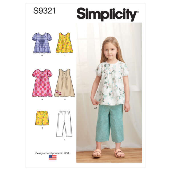 Pattern envelope for Simplicity S9321. The cover features six different children's clothing designs: three tops (A, B, C), one dress (D), a pair of shorts (E), and pants (F). A young girl models one of the tops (A) with the pants (F).