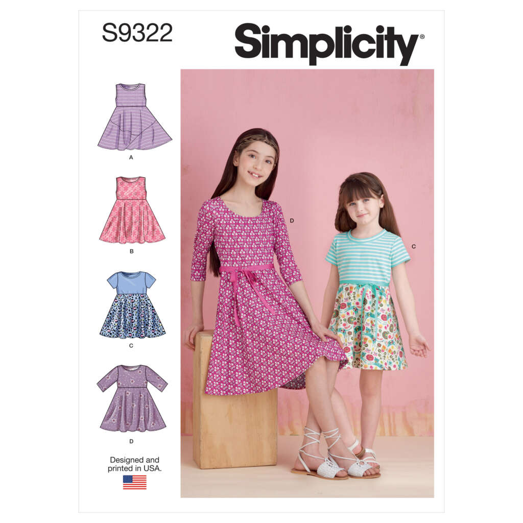 Pattern cover for Simplicity S9322 showing two girls. The older girl wears a purple floral dress (Option C), and the younger girl wears a striped top with a floral skirt dress (Option D). Smaller images show five different dress options, labeled A-E.