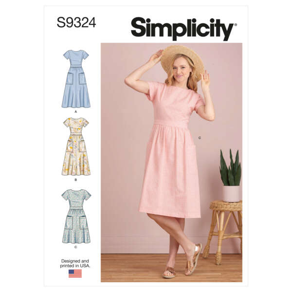 Image of a Simplicity sewing pattern (S9324) for women's dresses. The main image shows a woman in a light pink gingham dress and a straw hat. Three smaller dress illustrations (A, B, C) are on the left side featuring different fabric patterns and styles.