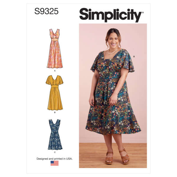 Pattern cover for Simplicity S9325 showing three illustrated dress variants (A, B, C) and a model wearing dress B. Dress features a V-neck, flutter sleeves, and A-line skirt. Variations have different skirt lengths and fabrics. "Designed and Printed in USA" noted at the bottom.