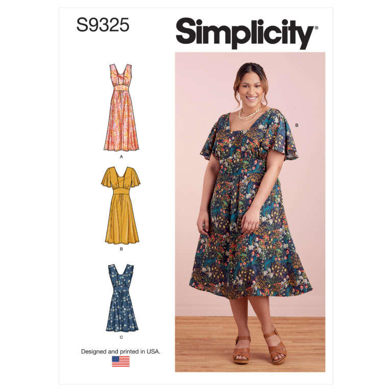 Pattern cover for Simplicity S9325 showing three illustrated dress variants (A, B, C) and a model wearing dress B. Dress features a V-neck, flutter sleeves, and A-line skirt. Variations have different skirt lengths and fabrics. "Designed and Printed in USA" noted at the bottom.