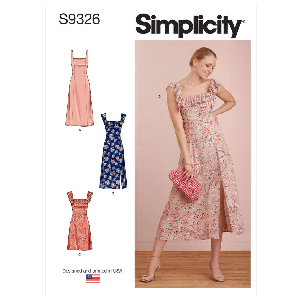 Simplicity S9326 sewing pattern cover featuring three variations of a women's dress: sleeveless with square neckline, sleeveless with ruffled straps, and sleeveless with V-neck and ruffled straps. Model wears ruffled strap floral dress holding a pink clutch.