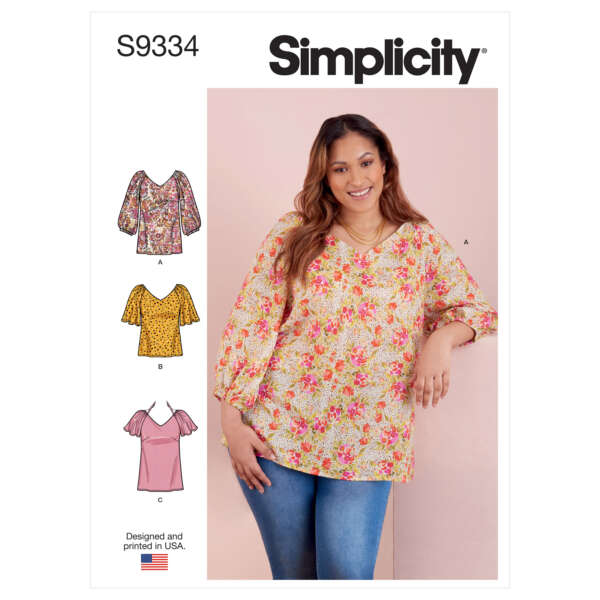 Simplicity Pattern S9334: A smiling woman is modeling a floral blouse with three-quarter-length sleeves. To her left are illustrations of three alternate blouse designs, including different sleeve and neckline variations. The design is created and printed in the USA.