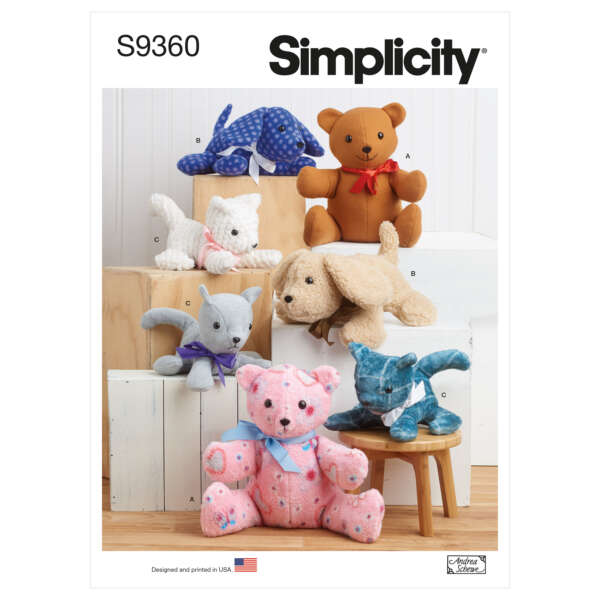 Simplicity sewing pattern S9360 with six stuffed animal designs: a blue whale, a brown bear, a white cat, a beige dog, a gray bunny, and a pink bear with polka dots. Each toy is shown on a white wooden background with some sitting on stools or blocks.