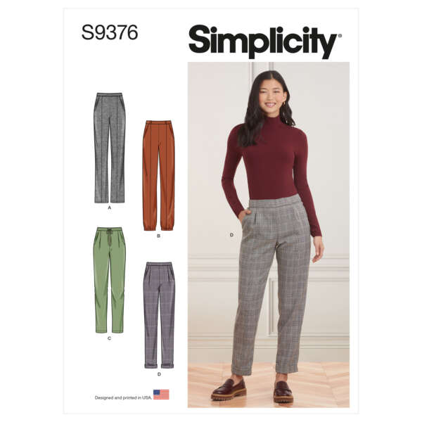 The image features a Simplicity sewing pattern (S9376) for women's pants. There are four design options labeled A, B, C, and D. A model is shown wearing design D, which are plaid straight-leg pants. Other designs include different styles and colors of pants.