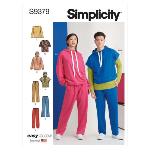 Simplicity S9379 sewing pattern cover showing a woman in pink loungewear and a man in layered blue and green loungewear. The left side features illustrations of various clothing options including hoodies, tops, and pants. Labeling includes “easy to sew.”.