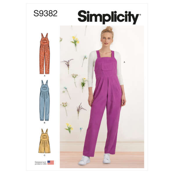 Simplicity sewing pattern S9382 featuring women’s overalls in various colors. The primary image shows a model wearing purple overalls with a white long sleeve shirt. Pattern illustrations show additional designs in orange, blue, and mustard yellow.